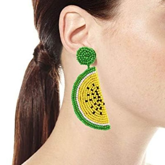 Big 3" Yellow Watermelon Fruit Slice Cute Handmade Festival Beads Earrings Green - Picture 1 of 5